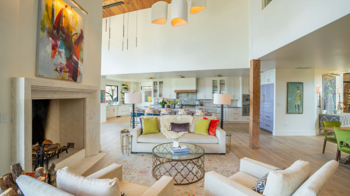 Designed living space with neutral palette and organic textures